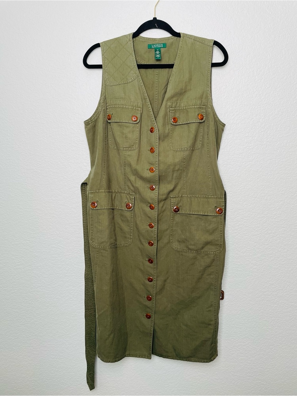 Lauren Ralph Lauren Green Button Down Linen Cotton Sleeveless Midi Dress | 14 - Picture 5 of 11